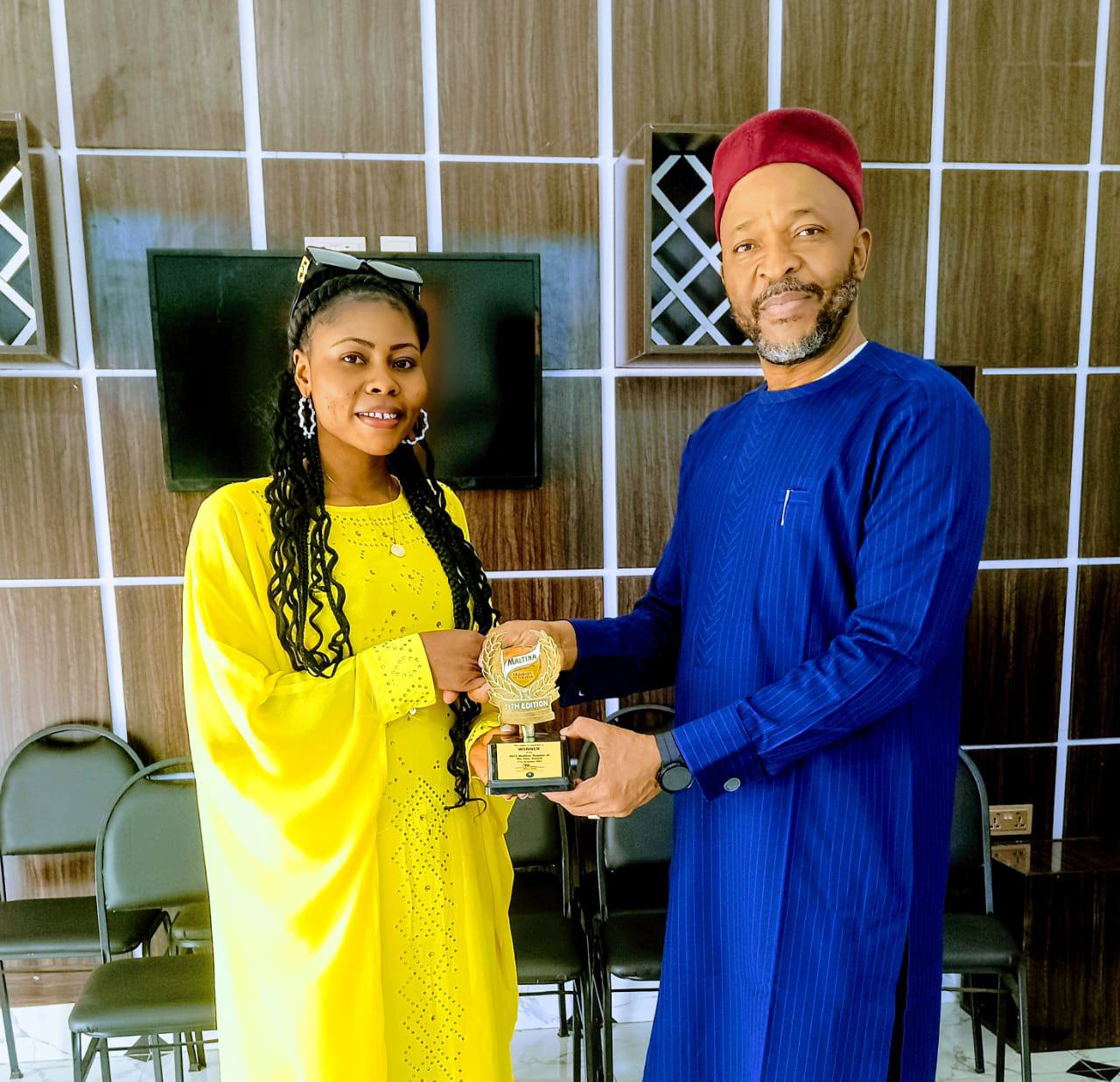 Hon. Chukwuemeka Nwajiuba Receives 2025 Maltina Teacher of the Year, Sarah Yusuf, in Abuja